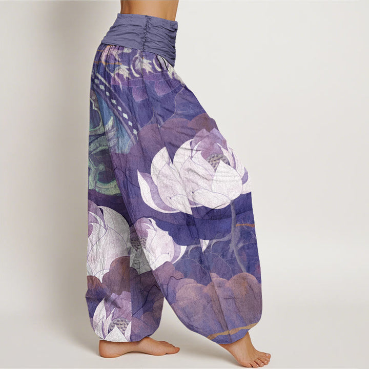 Buddha Stones Katoenen witte harembroek met lotusbladmotief en elastische Taille voor dames - image 6