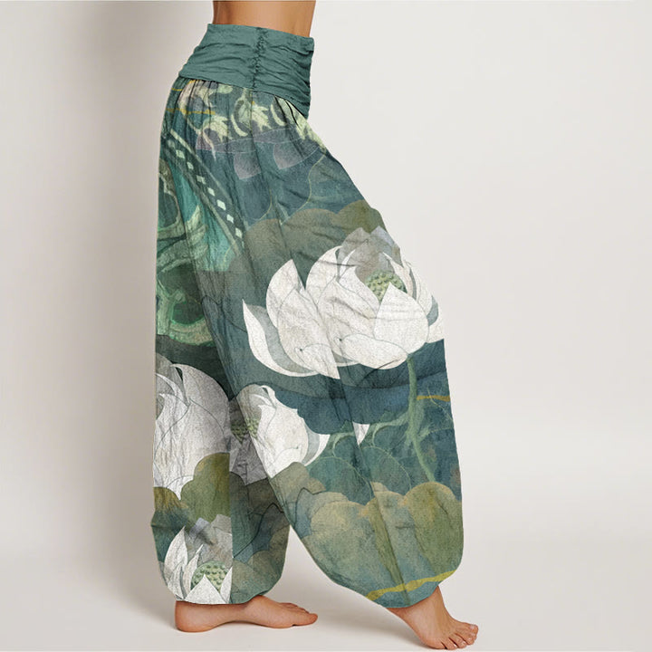 Buddha Stones Katoenen witte harembroek met lotusbladmotief en elastische Taille voor dames - image 2