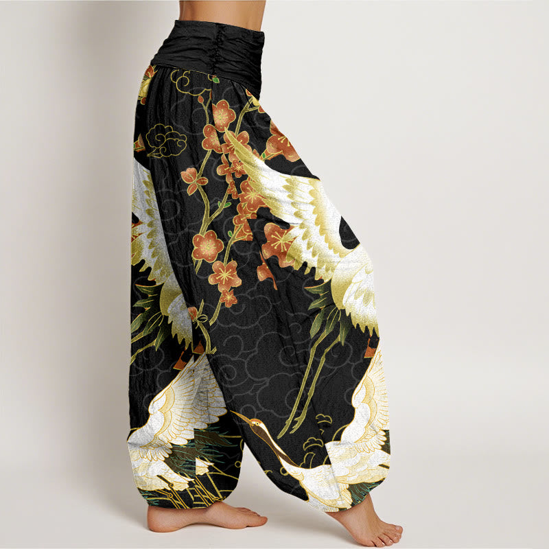 Buddha Stones Dames harembroek met elastische Taille, met patroon van kraanvogels, bloemen en gelukbrengende wolken. - image 1