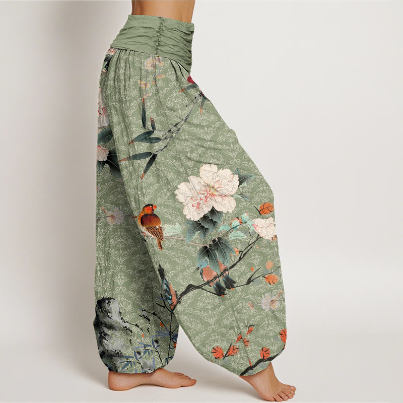 Buddha Stones Dames harembroek met elastische Taille en print van een katoenen zangvogel, bloeiende bloementakken en een mandala-patroon. - image 1