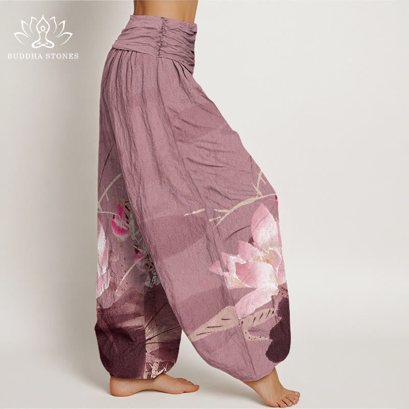 Buddha Stones Roze katoenen harembroek met lotusbladeren en vogelpatroon, elastische Taille . - image 8