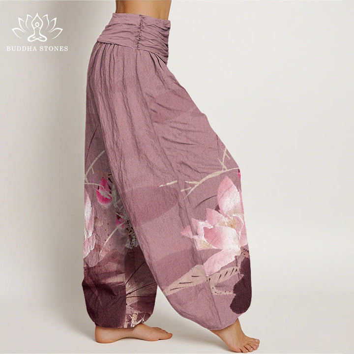 Buddha Stones Roze katoenen harembroek met lotusbladeren en vogelpatroon, elastische Taille . - image 8
