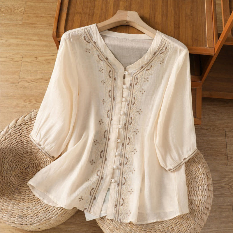 Buddha Stones Casual damesoverhemd met V-hals en geborduurde Mouwlengte , gemaakt van polyester. - Beige - US12, UK/AU16, EU44 (2XL) - image 0
