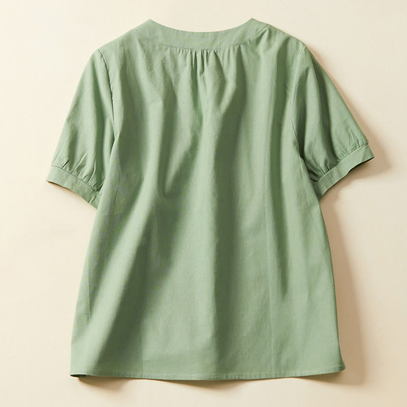Buddha Stones Casual effen dames T-shirt met Korte mouw en knoopsluiting, gemaakt van katoen en linnen. - image 1