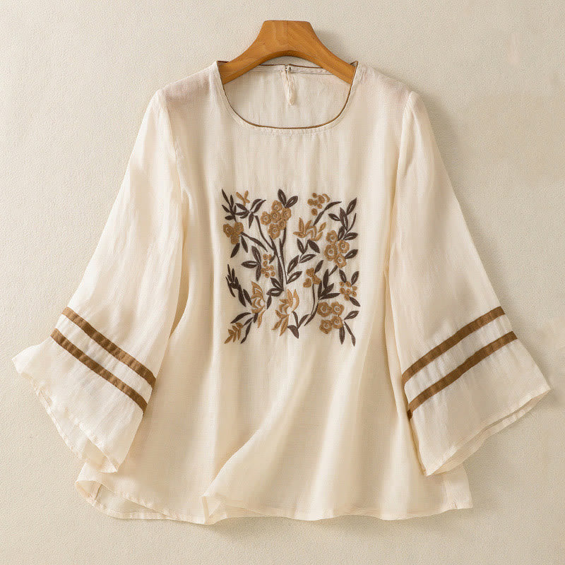 Buddha Stones Retro geborduurd bloemen T-shirt voor dames met driekwartmouwen - Beige - US8-10，UK/AU12-14，EU40-42 (2XL) - image 0