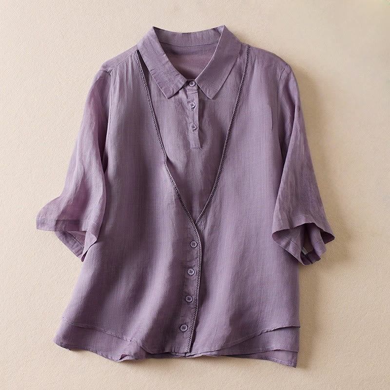 Buddha Stones Retro effen nep tweedelig ontwerp met knoopsluiting en korte Mouwlengte voor dames, katoen-linnen shirt - Middelgrote orchidee - US12, UK/AU16, EU44 (2XL) - image 0