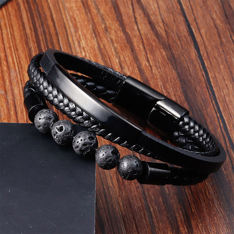 Buddha Stones Leren Armband met gesp van titaniumstaal en lavasteen. - image 1