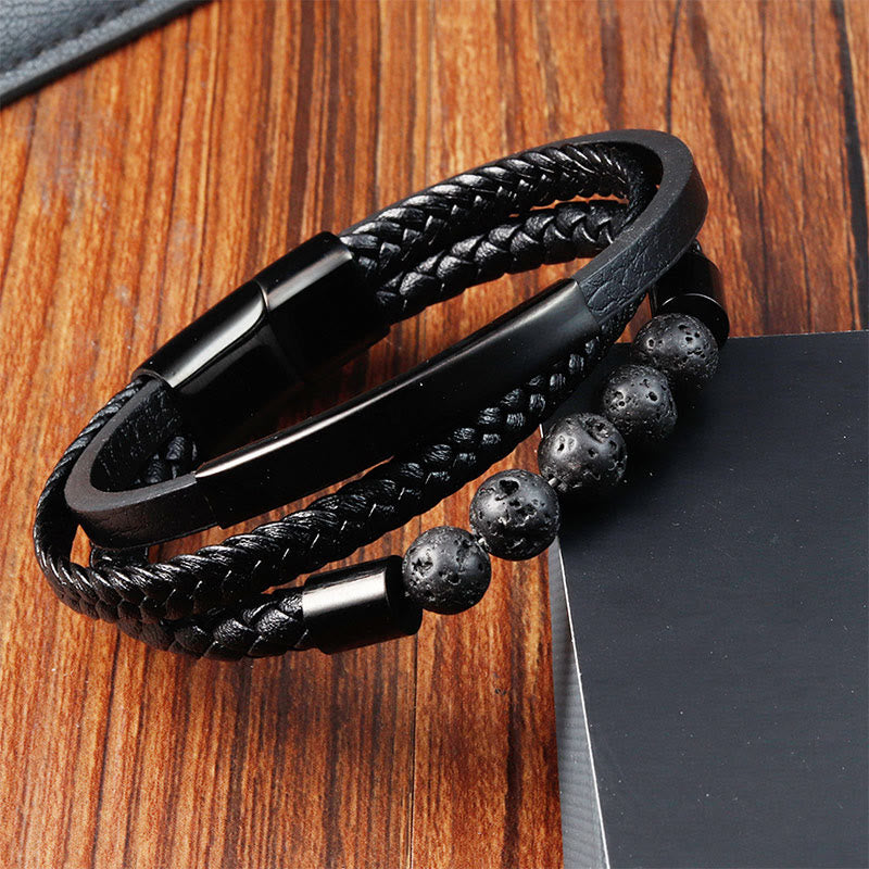 Buddha Stones Leren Armband met gesp van titaniumstaal en lavasteen. - image 2