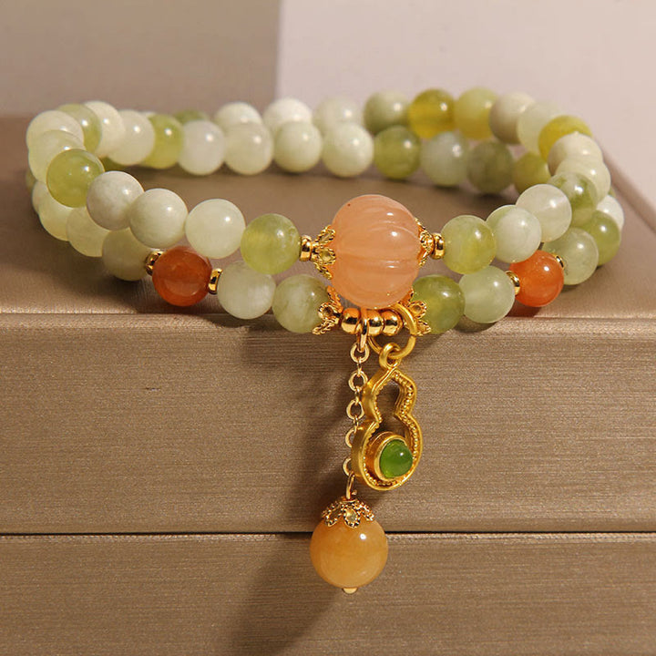 Buddha Stones Dubbele wikkeling van kalebas, pompoen, groene druif, serpentijn en jade Armband - image 1