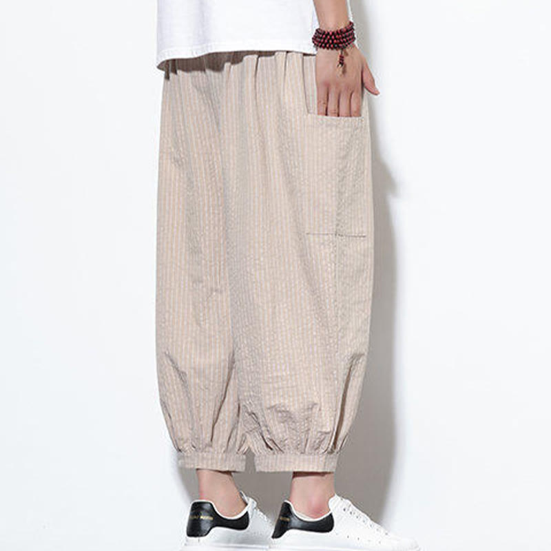 Buddha Stones Casual gestreepte katoenen harembroek voor heren, Lengte 7-8, met Zakken. - image 1