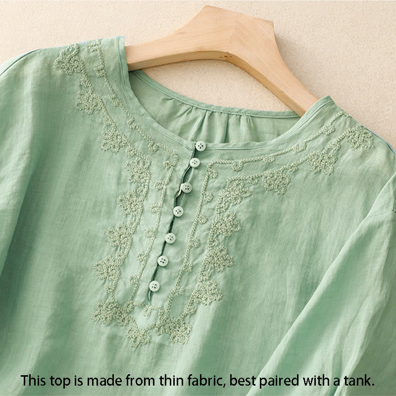 Buddha Stones Dames katoenen shirt met ronde Mouwlengte , geborduurde knopen en korte mouwen. - image 1