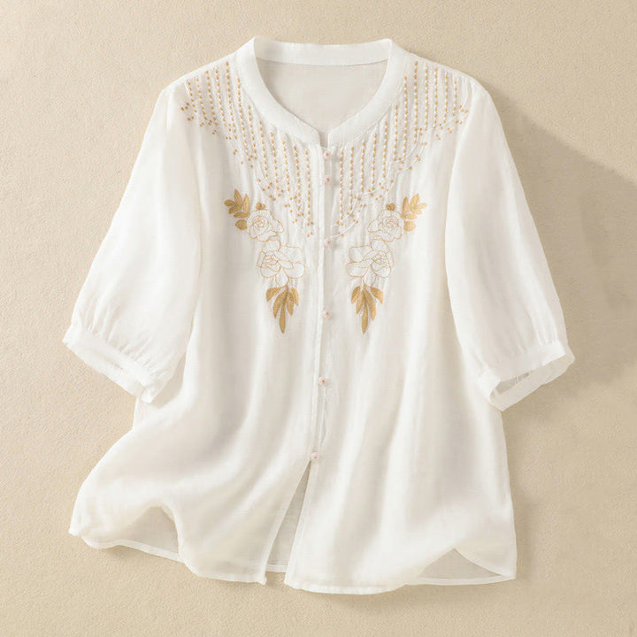 Buddha Stones Dames katoenen shirt met korte Mouwlengte en rozenborduursel, knoopsluiting - Wit - US14, UK/AU18, EU46 (2XL) - image 33