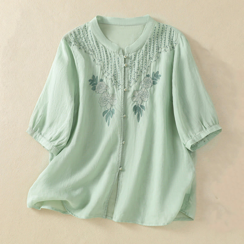 Buddha Stones Dames katoenen shirt met korte Mouwlengte en rozenborduursel, knoopsluiting - Honingmeloen - US14, UK/AU18, EU46 (2XL) - image 0