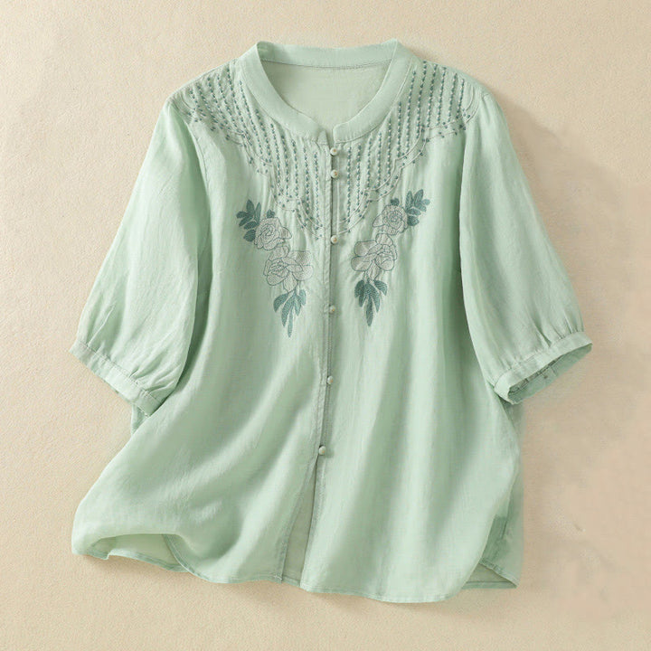 Buddha Stones Dames katoenen shirt met korte Mouwlengte en rozenborduursel, knoopsluiting - Honingmeloen - US14, UK/AU18, EU46 (2XL) - image 0