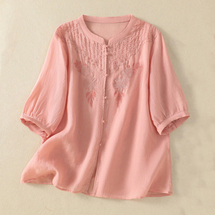 Buddha Stones Dames katoenen shirt met korte Mouwlengte en rozenborduursel, knoopsluiting - Lichtroze - US14, UK/AU18, EU46 (2XL) - image 11