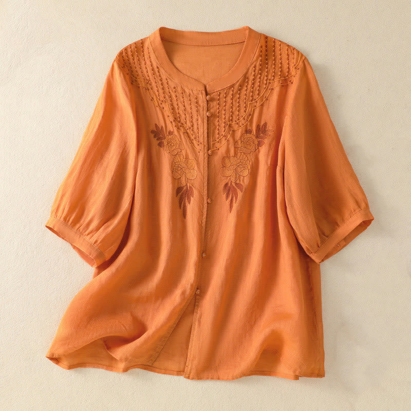 Buddha Stones Dames katoenen shirt met korte Mouwlengte en rozenborduursel, knoopsluiting - Oranje - US14, UK/AU18, EU46 (2XL) - image 23