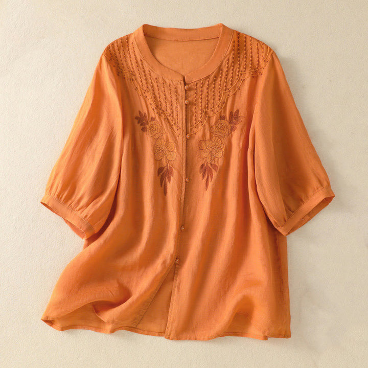 Buddha Stones Dames katoenen shirt met korte Mouwlengte en rozenborduursel, knoopsluiting - Oranje - US14, UK/AU18, EU46 (2XL) - image 23