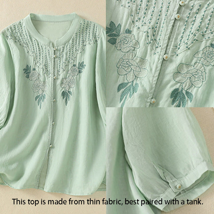 Buddha Stones Dames katoenen shirt met korte Mouwlengte en rozenborduursel, knoopsluiting - image 3