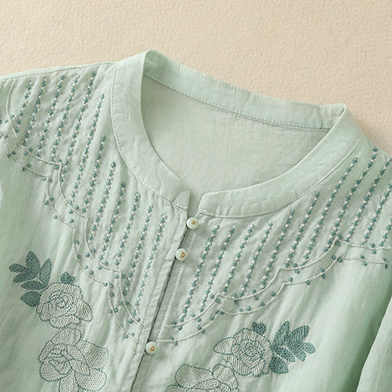 Buddha Stones Dames katoenen shirt met korte Mouwlengte en rozenborduursel, knoopsluiting - image 6