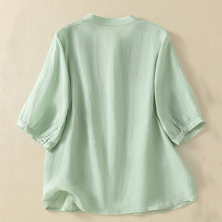 Buddha Stones Dames katoenen shirt met korte Mouwlengte en rozenborduursel, knoopsluiting - image 2