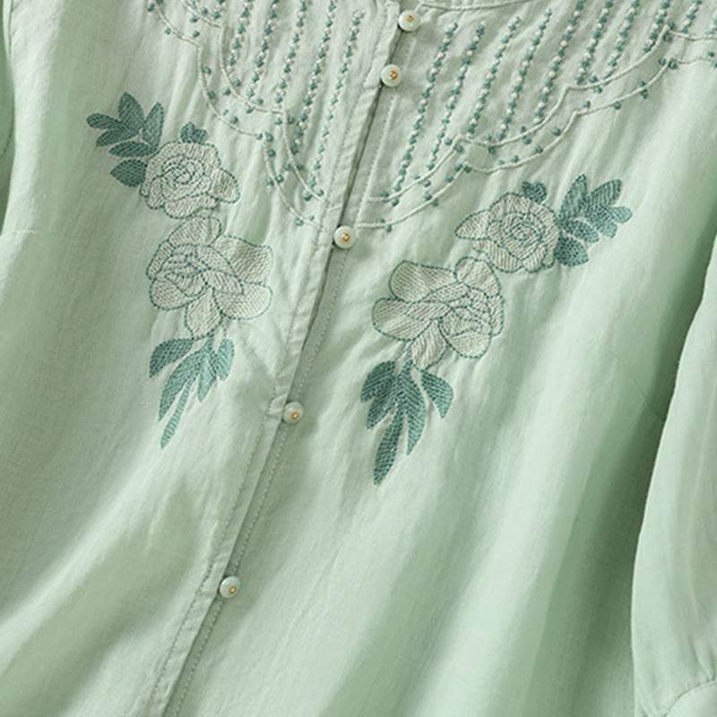 Buddha Stones Dames katoenen shirt met korte Mouwlengte en rozenborduursel, knoopsluiting - image 7