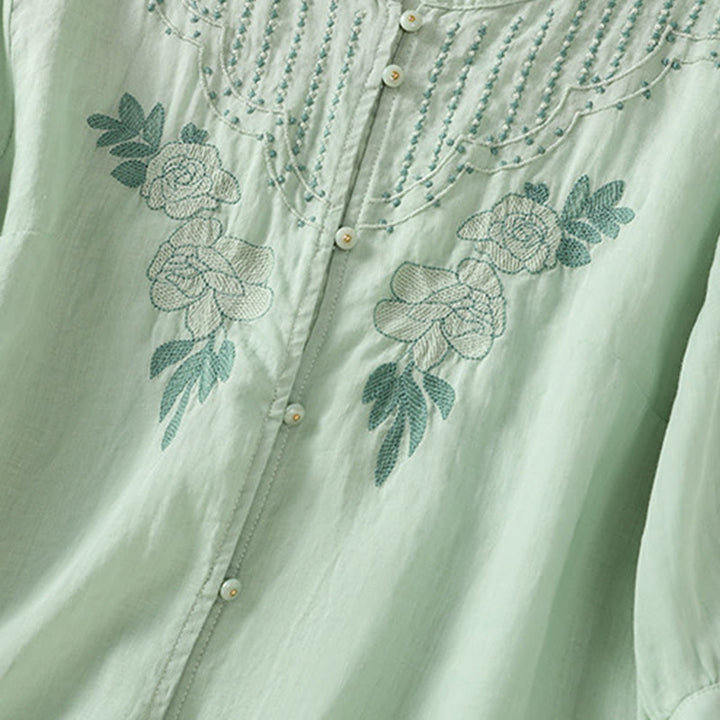 Buddha Stones Dames katoenen shirt met korte Mouwlengte en rozenborduursel, knoopsluiting - image 7