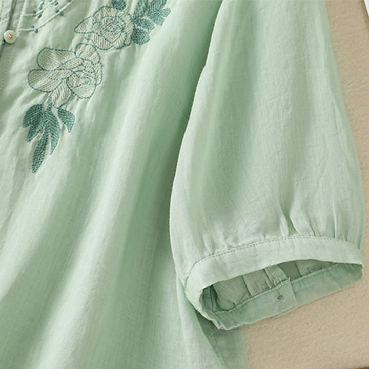 Buddha Stones Dames katoenen shirt met korte Mouwlengte en rozenborduursel, knoopsluiting - image 8