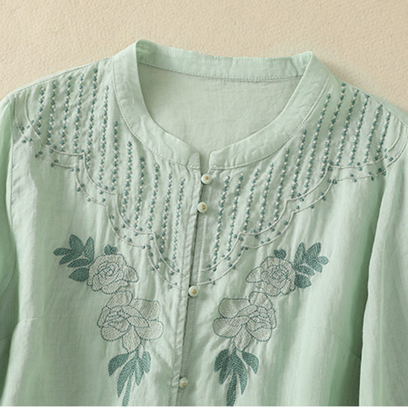 Buddha Stones Dames katoenen shirt met korte Mouwlengte en rozenborduursel, knoopsluiting - image 4