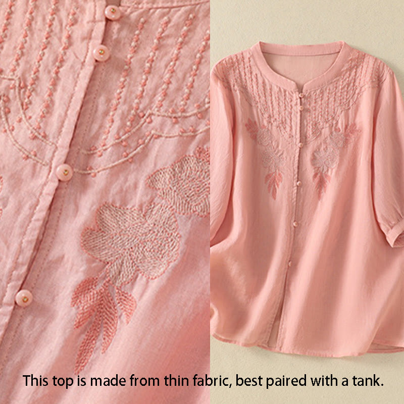 Buddha Stones Dames katoenen shirt met korte Mouwlengte en rozenborduursel, knoopsluiting - image 13