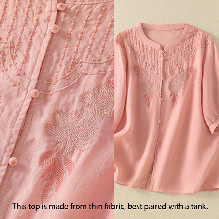 Buddha Stones Dames katoenen shirt met korte Mouwlengte en rozenborduursel, knoopsluiting - image 13
