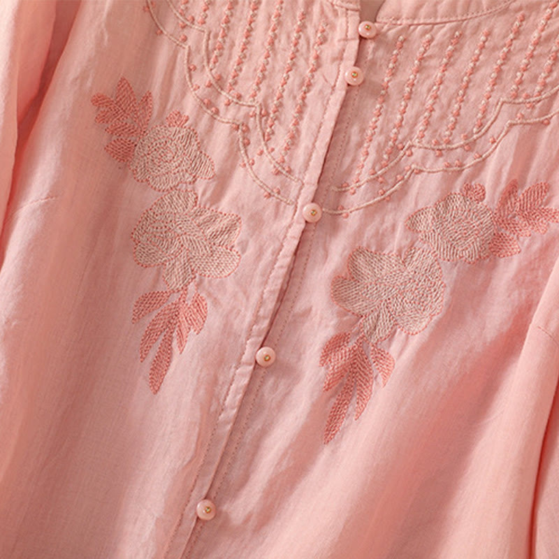 Buddha Stones Dames katoenen shirt met korte Mouwlengte en rozenborduursel, knoopsluiting - image 17
