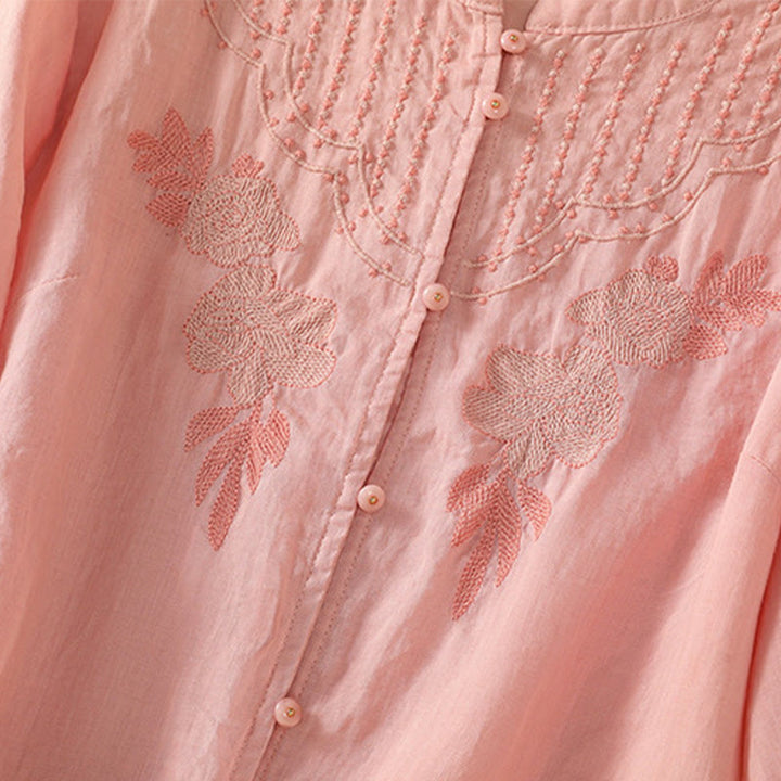 Buddha Stones Dames katoenen shirt met korte Mouwlengte en rozenborduursel, knoopsluiting - image 17