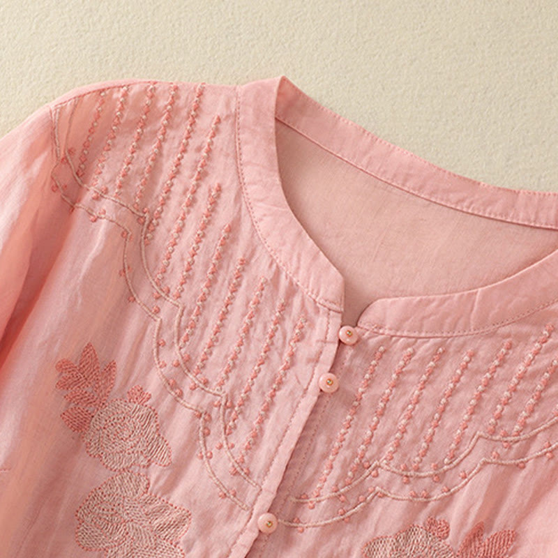 Buddha Stones Dames katoenen shirt met korte Mouwlengte en rozenborduursel, knoopsluiting - image 16