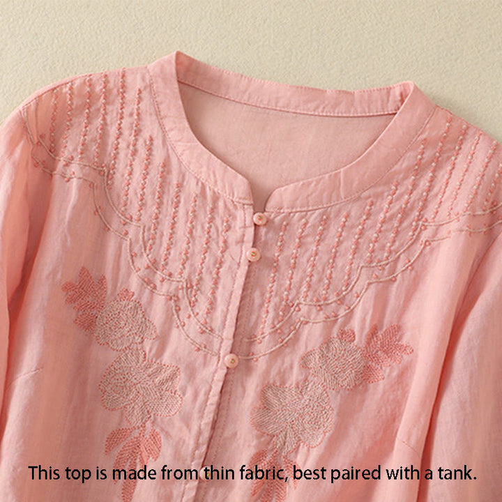 Buddha Stones Dames katoenen shirt met korte Mouwlengte en rozenborduursel, knoopsluiting - image 14