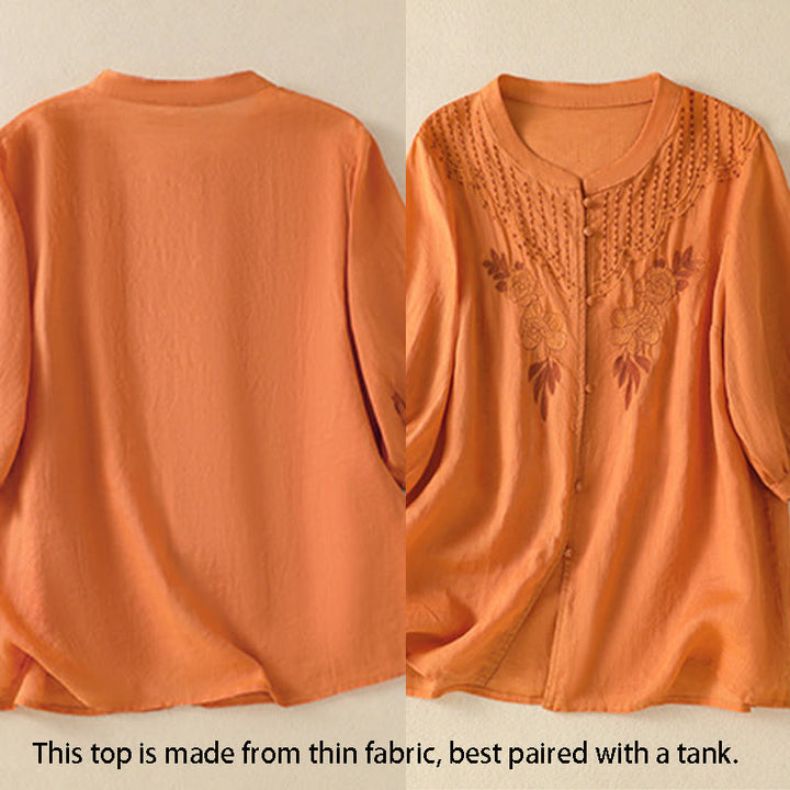 Buddha Stones Dames katoenen shirt met korte Mouwlengte en rozenborduursel, knoopsluiting - image 25