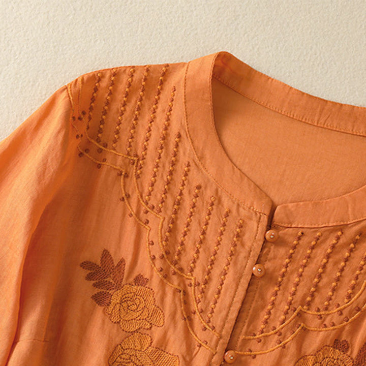 Buddha Stones Dames katoenen shirt met korte Mouwlengte en rozenborduursel, knoopsluiting - image 26