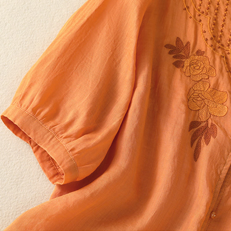 Buddha Stones Dames katoenen shirt met korte Mouwlengte en rozenborduursel, knoopsluiting - image 30