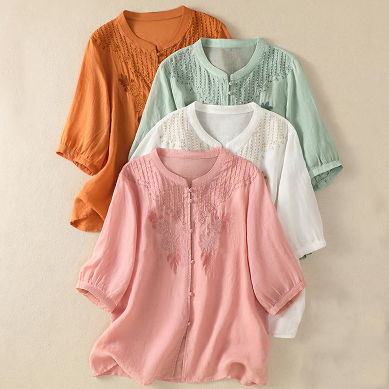 Buddha Stones Dames katoenen shirt met korte Mouwlengte en rozenborduursel, knoopsluiting - image 1