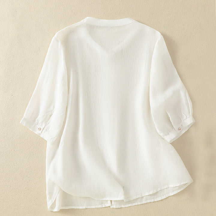 Buddha Stones Dames katoenen shirt met korte Mouwlengte en rozenborduursel, knoopsluiting - image 34