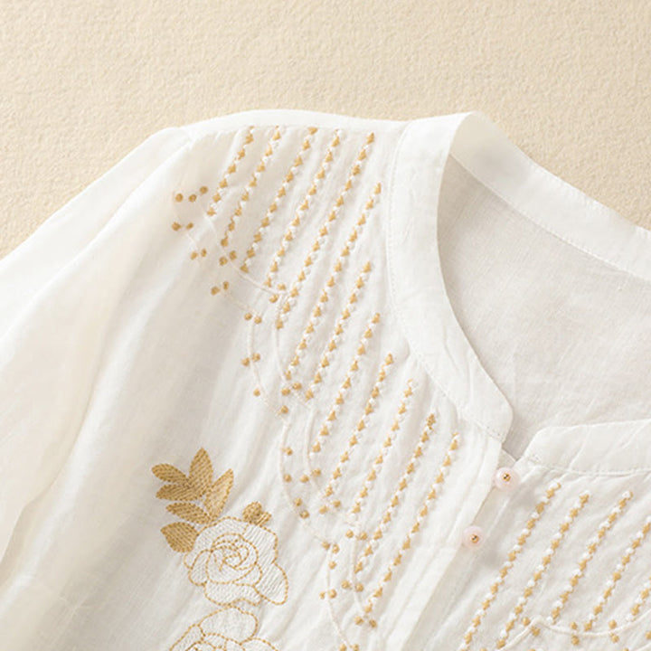 Buddha Stones Dames katoenen shirt met korte Mouwlengte en rozenborduursel, knoopsluiting - image 37
