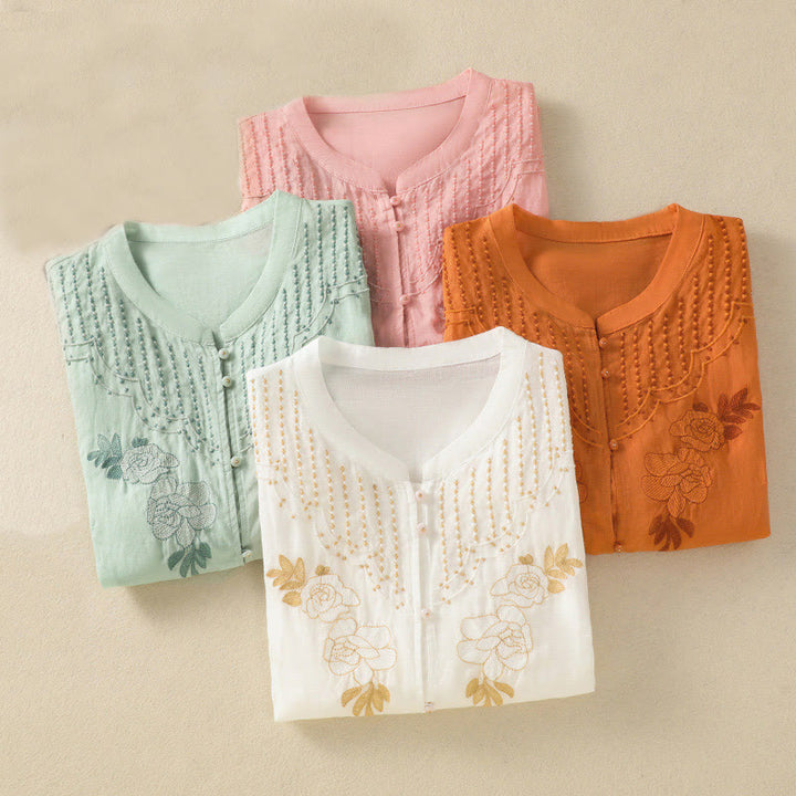 Buddha Stones Dames katoenen shirt met korte Mouwlengte en rozenborduursel, knoopsluiting - image 41