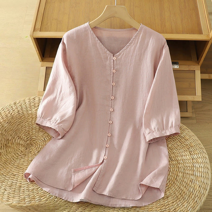 Buddha Stones Damesblouse met effen knoopjes , V-hals en korte Mouwlengte - Lichtroze - US12, UK/AU16, EU44 (2XL) - image 0