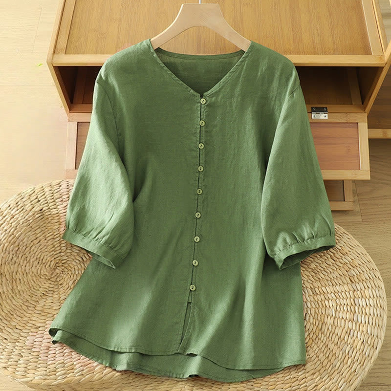 Buddha Stones Damesblouse met effen knoopjes , V-hals en korte Mouwlengte - Donkerzeegroen - US12, UK/AU16, EU44 (2XL) - image 16