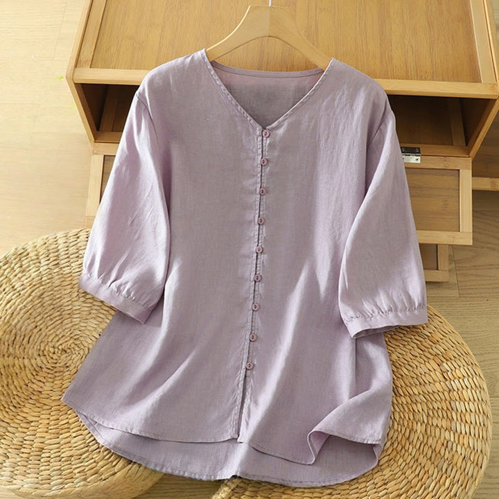 Buddha Stones Damesblouse met effen knoopjes , V-hals en korte Mouwlengte - Distel - US12, UK/AU16, EU44 (2XL) - image 26