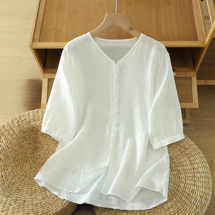 Buddha Stones Damesblouse met effen knoopjes , V-hals en korte Mouwlengte - Wit - US12, UK/AU16, EU44 (2XL) - image 6