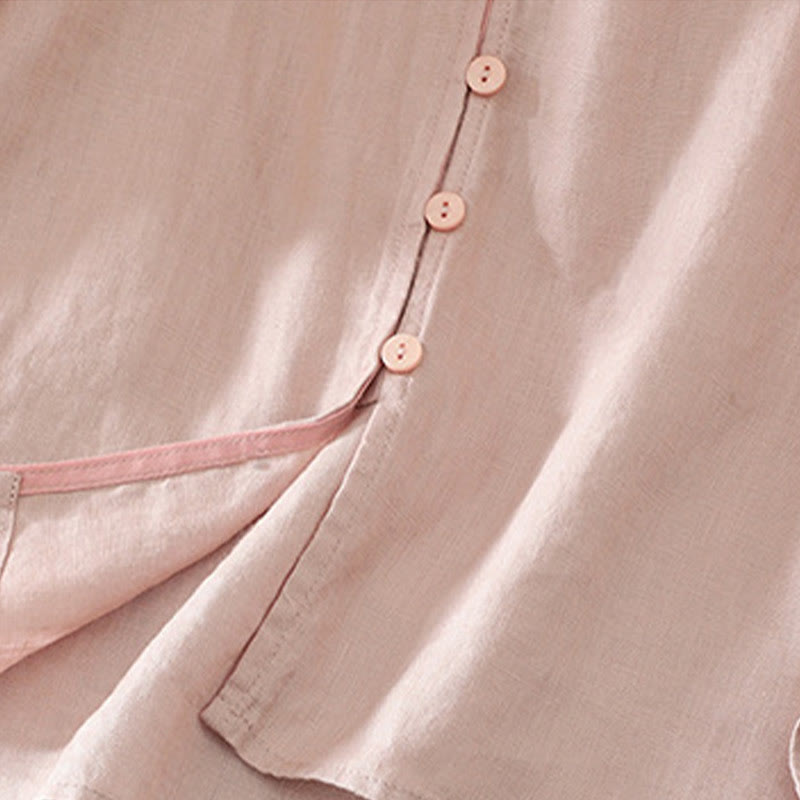 Buddha Stones Damesblouse met effen knoopjes , V-hals en korte Mouwlengte - image 4