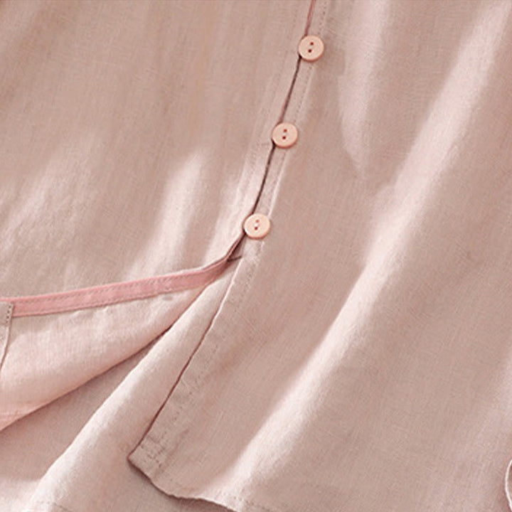 Buddha Stones Damesblouse met effen knoopjes , V-hals en korte Mouwlengte - image 4