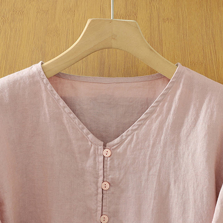 Buddha Stones Damesblouse met effen knoopjes , V-hals en korte Mouwlengte - image 2