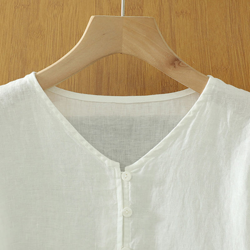 Buddha Stones Damesblouse met effen knoopjes , V-hals en korte Mouwlengte - image 8