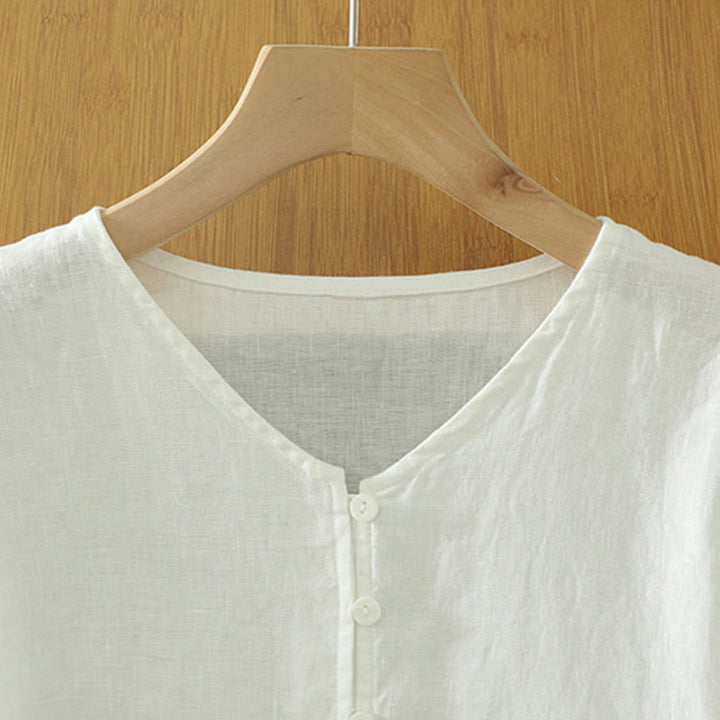 Buddha Stones Damesblouse met effen knoopjes , V-hals en korte Mouwlengte - image 8